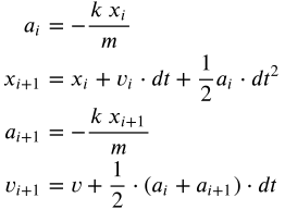 \begin{align}
a_i&=-\frac{k\ x_i}{m}\\
x_{i+1}&=x_i+v_i\cdot dt+\frac{1}{2}a_i\cdot dt^2\\
a_{i+1}&=-\frac{k\ x_{i+1}}{m}\\
v_{i+1}&=v+\frac{1}{2}\cdot\left(a_i+a_{i+1}\right)\cdot dt
\end{align}