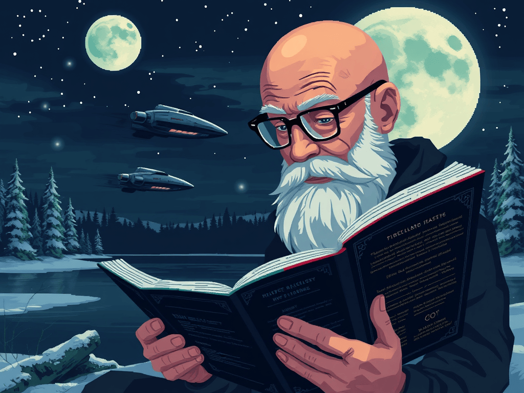 Bearded man reading a large book beside a moonlit lake as spaceships fly overhead