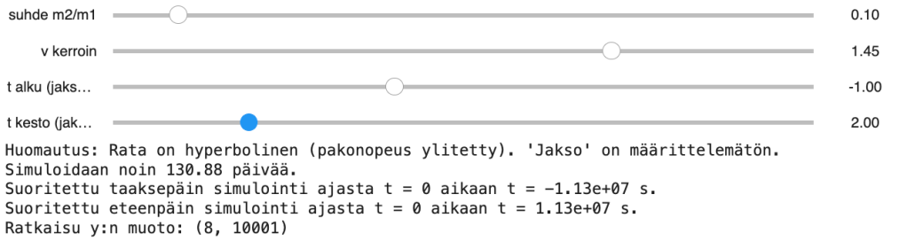Käyttöliittymä, jossa on liukusäätimiä suhteille ja ajanjaksoille, sekä simulaatiohuomautus hyperbolisesta radasta.